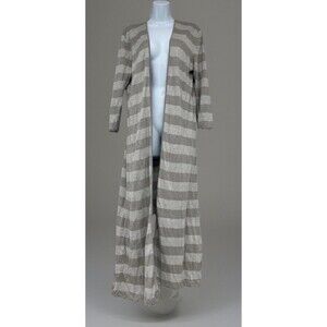 Garnet Hill Women’s Linen Sweater Long Cardigan Striped Duster 3/4 Sleeve Gray L